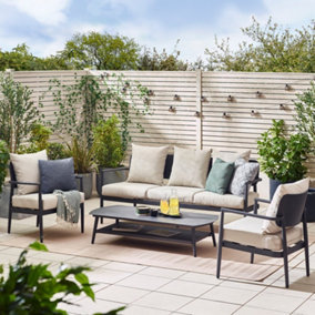 Furniturebox UK Laguna Outdoor Sofa Set - 5 Seater Grey Garden Sofa Set - 3 Seater Sofa Plus Coffee Table & Armchairs - Free Cover