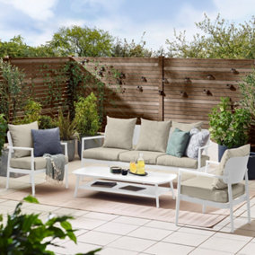 Furniturebox UK Laguna Outdoor Sofa Set - 5 Seater White Garden Sofa Set - 3 Seater Sofa + Coffee Table & Armchairs - Free Cover