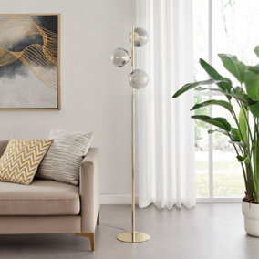 Furniturebox UK Lazio Tree Floor Lamp with 3 Smoked Glass Globes and a Brass Base