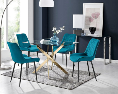 Furniturebox UK Leonardo 4 Gold Dining Table and 4 Blue Pesaro Black Leg Chairs