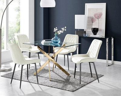 Furniturebox UK Leonardo 4 Gold Dining Table and 4 Cream Pesaro Black Leg Chairs