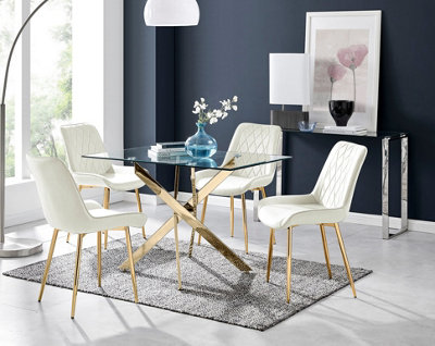 Furniturebox UK Leonardo 4 Gold Dining Table and 4 Cream Pesaro Gold Leg Chairs
