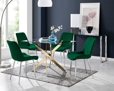 Furniturebox UK Leonardo 4 Gold Dining Table and 4 Green Pesaro Silver Leg Chairs