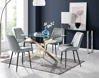 Furniturebox UK Leonardo 4 Gold Dining Table and 4 Grey Pesaro Black Leg Chairs
