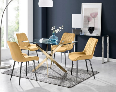 Furniturebox UK Leonardo 4 Gold Dining Table and 4 Mustard Pesaro Black