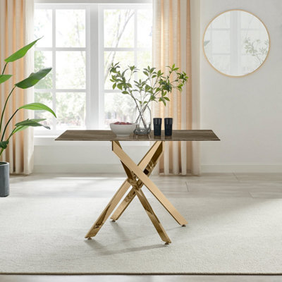 Furniturebox UK Leonardo 4-Seater Dining Table With Grey Glass Marble Effect Top And Gold Legs