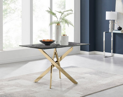 Furniturebox UK Leonardo 4-Seater Dining Table With Grey Glass Marble Effect Top And Gold Legs