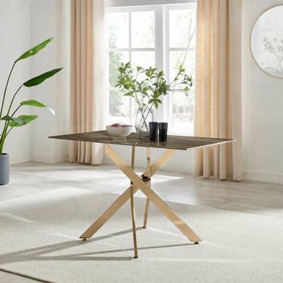 Furniturebox UK Leonardo 4-Seater Dining Table With Grey Glass Marble Effect Top And Gold Legs