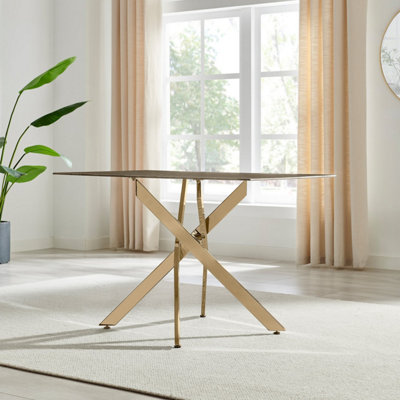Furniturebox UK Leonardo 4-Seater Dining Table With Grey Glass Marble Effect Top And Gold Legs