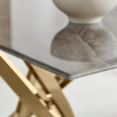 Furniturebox UK Leonardo 4-Seater Dining Table With Grey Glass Marble Effect Top And Gold Legs