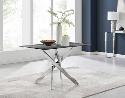 Furniturebox UK Leonardo 4-Seater Dining Table With Grey Glass Marble Effect Top And Silver Legs