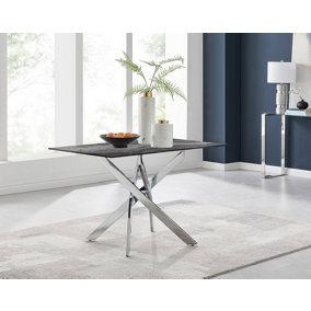 Furniturebox UK Leonardo 4-Seater Dining Table With Grey Glass Marble Effect Top And Silver Legs