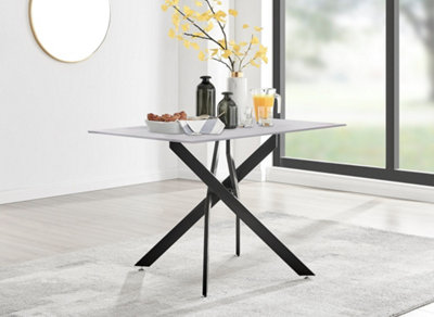 Furniturebox UK Leonardo 4-Seater Dining Table With White Glass Marble Effect Top And Black Legs