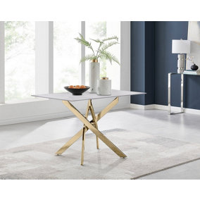 Furniturebox UK Leonardo 4-Seater Dining Table With White Glass Marble Effect Top And Gold Legs
