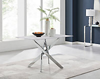 Furniturebox UK Leonardo 4-Seater Dining Table With White Glass Marble Effect Top And Silver Legs