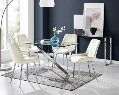 Furniturebox UK Leonardo 4 Table and 4 Cream Pesaro Silver Leg Chairs
