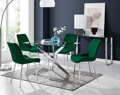 Furniturebox UK Leonardo 4 Table and 4 Green Pesaro Silver Leg Chairs