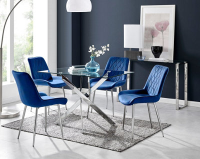 Furniturebox UK Leonardo 4 Table and 4 Navy Pesaro Silver Leg Chairs