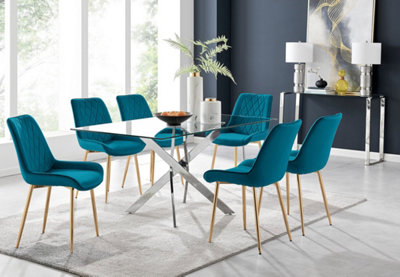 Furniturebox UK Leonardo 6 Dining Table and 6 Blue Pesaro Gold Leg Chairs