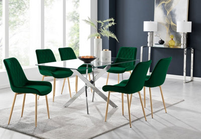 Furniturebox UK Leonardo 6 Dining Table and 6 Green Pesaro Gold Leg Chairs