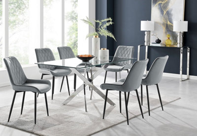 Furniturebox UK Leonardo 6 Dining Table and 6 Grey Pesaro Black Leg Chairs