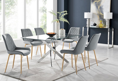 Furniturebox UK Leonardo 6 Dining Table and 6 Grey Pesaro Gold Leg Chairs