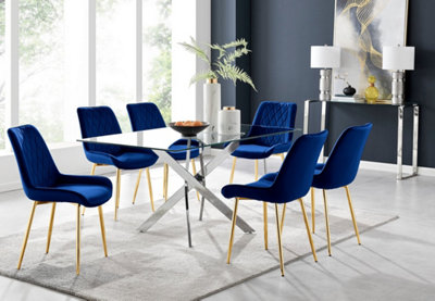 Furniturebox UK Leonardo 6 Dining Table and 6 Navy Pesaro Gold Leg Chairs