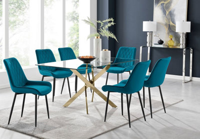 Furniturebox UK Leonardo 6 Gold Dining Table and 6 Blue Pesaro Black Leg Chairs