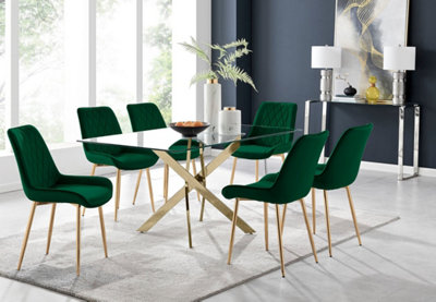 Furniturebox UK Leonardo 6 Gold Dining Table and 6 Green Pesaro Gold Leg Chairs