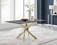 Furniturebox UK Leonardo 6-Seater Dining Table With Grey Glass Marble Effect Top And Gold Legs