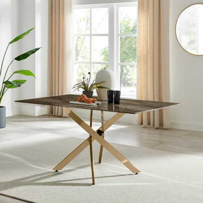 Furniturebox UK Leonardo 6-Seater Dining Table With Grey Glass Marble Effect Top And Gold Legs