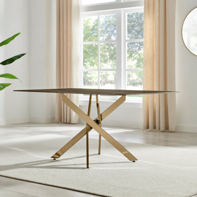 Furniturebox UK Leonardo 6-Seater Dining Table With Grey Glass Marble Effect Top And Gold Legs