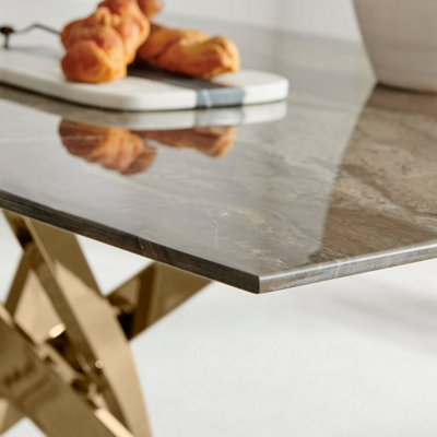 Furniturebox UK Leonardo 6-Seater Dining Table With Grey Glass Marble Effect Top And Gold Legs