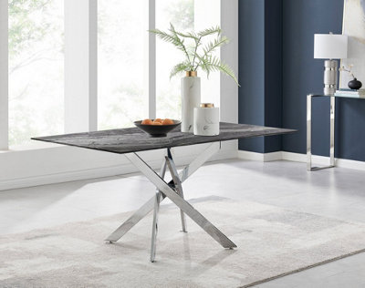 Furniturebox UK Leonardo 6-Seater Dining Table With Grey Glass Marble Effect Top And Silver Legs