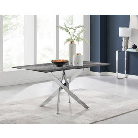 Furniturebox UK Leonardo 6-Seater Dining Table With Grey Glass Marble Effect Top And Silver Legs