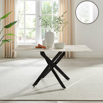 Furniturebox UK Leonardo 6-Seater Dining Table With White Glass Marble Effect Top And Black Legs
