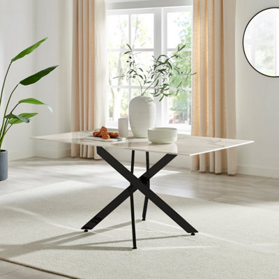 Furniturebox UK Leonardo 6-Seater Dining Table With White Glass Marble Effect Top And Black Legs