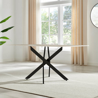 Furniturebox UK Leonardo 6-Seater Dining Table With White Glass Marble Effect Top And Black Legs