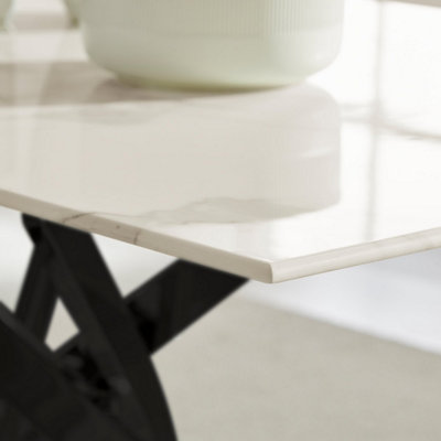 Furniturebox UK Leonardo 6-Seater Dining Table With White Glass Marble Effect Top And Black Legs