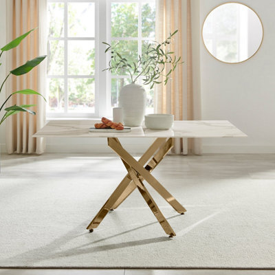 Furniturebox UK Leonardo 6-Seater Dining Table With White Glass Marble Effect Top And Gold Legs