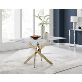 Furniturebox UK Leonardo 6-Seater Dining Table With White Glass Marble Effect Top And Gold Legs