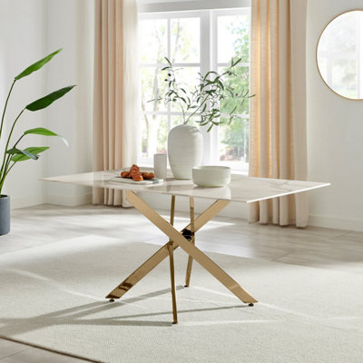 Furniturebox UK Leonardo 6-Seater Dining Table With White Glass Marble Effect Top And Gold Legs