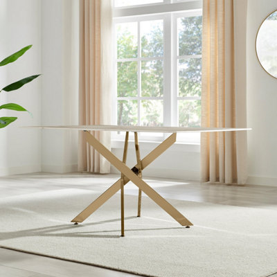 Furniturebox UK Leonardo 6-Seater Dining Table With White Glass Marble Effect Top And Gold Legs