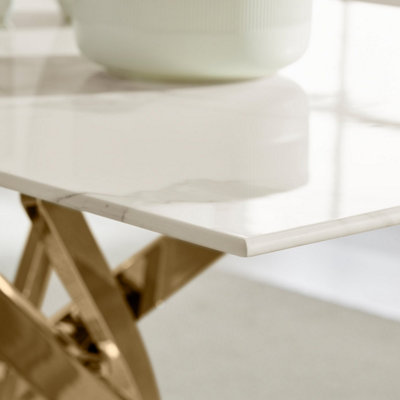 Furniturebox UK Leonardo 6-Seater Dining Table With White Glass Marble Effect Top And Gold Legs