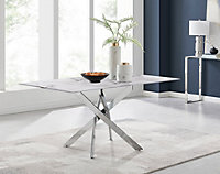 Furniturebox UK Leonardo 6-Seater Dining Table With White Glass Marble Effect Top And Silver Legs