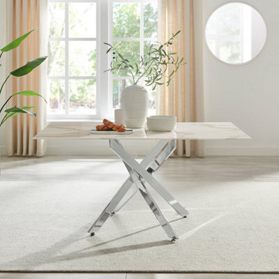Furniturebox UK Leonardo 6-Seater Dining Table With White Glass Marble Effect Top And Silver Legs