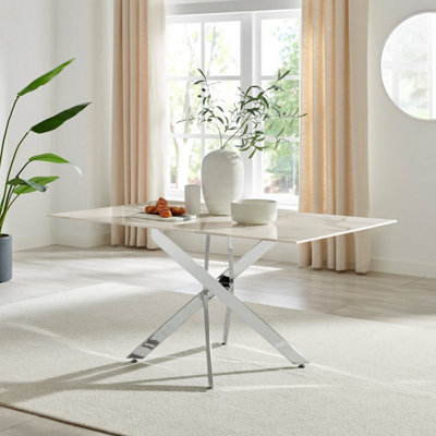 Furniturebox UK Leonardo 6-Seater Dining Table With White Glass Marble Effect Top And Silver Legs