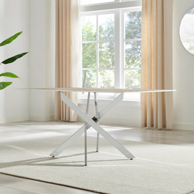 Furniturebox UK Leonardo 6-Seater Dining Table With White Glass Marble Effect Top And Silver Legs