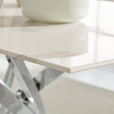 Furniturebox UK Leonardo 6-Seater Dining Table With White Glass Marble Effect Top And Silver Legs