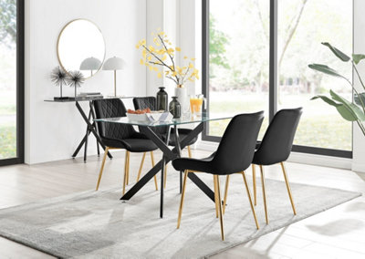Furniturebox UK Leonardo Black Leg Glass Dining Table & 4 Black Pesaro Gold Leg Chairs